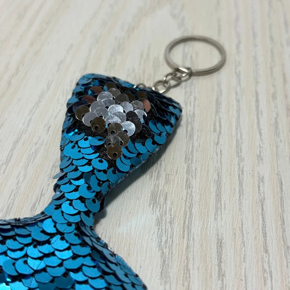 Mermaid Tail Keychain Blue Silver Reversible Flip Sequin Bag Charm Aquamarine